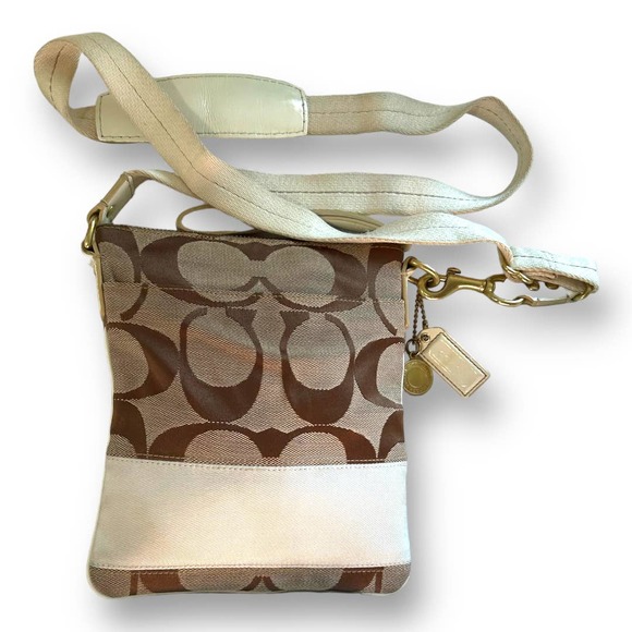 COACH Signature 40758 Crossbody Bag Canvas Leather Brown White Swingpack - Picture 7 of 14